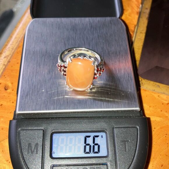 Natural Caramel Opal Red Garnet Sterling Silver Ring Size 10 - Picture 7 of 8